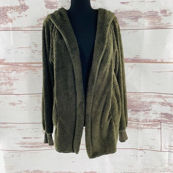 NWT Forgotten Grace by Nordstrom Faux Shearling Hooded Front Cardigan Green M - Picture 9 of 9